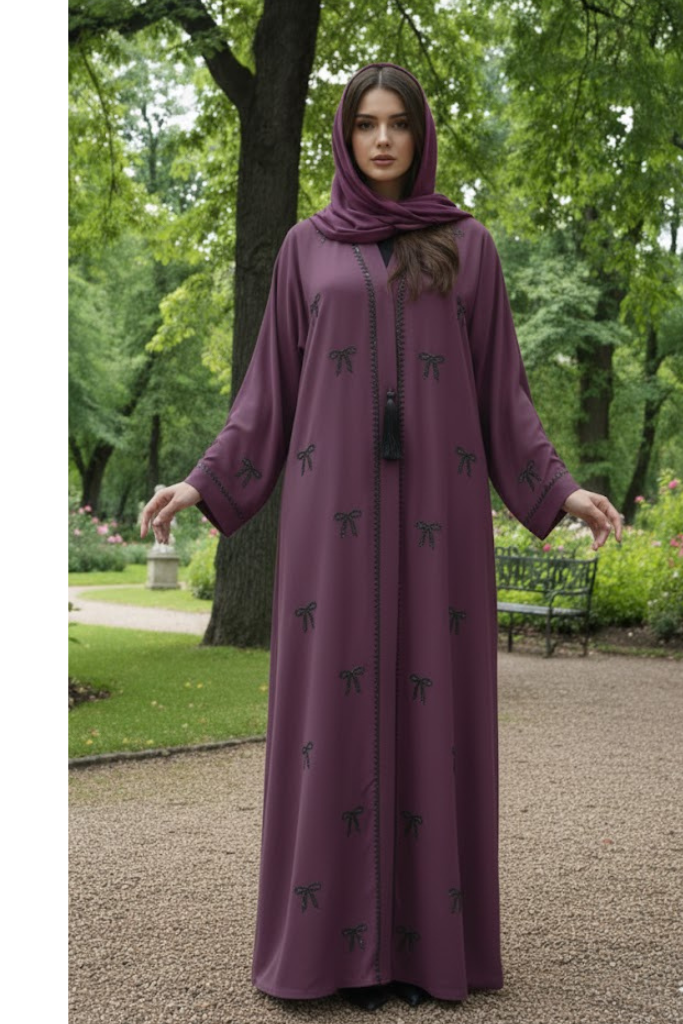 Plum Purple Bow-Embroidered Tassel Abaya