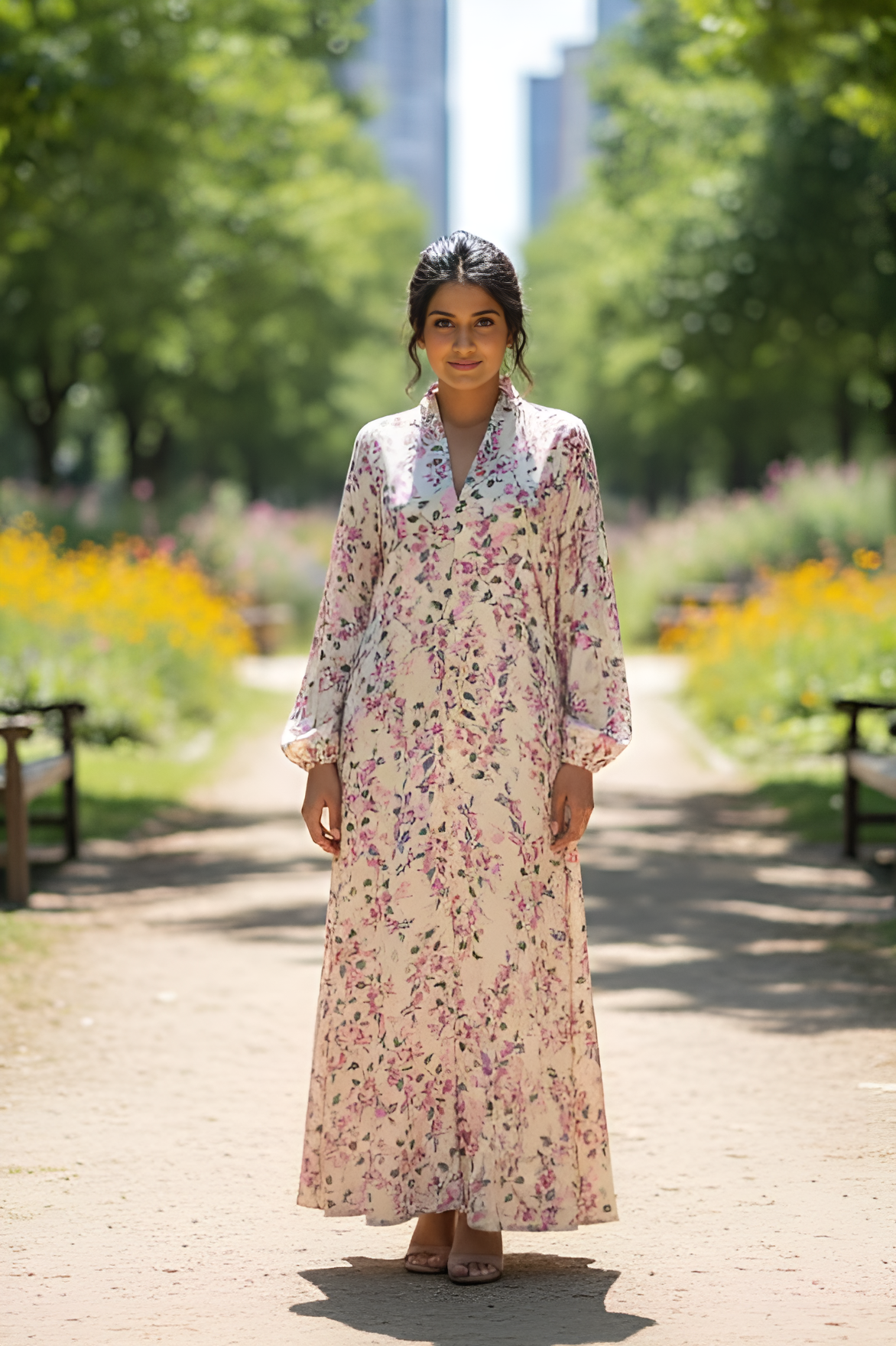 Soft Beige Floral Abaya with Lilac and Pink Blooms