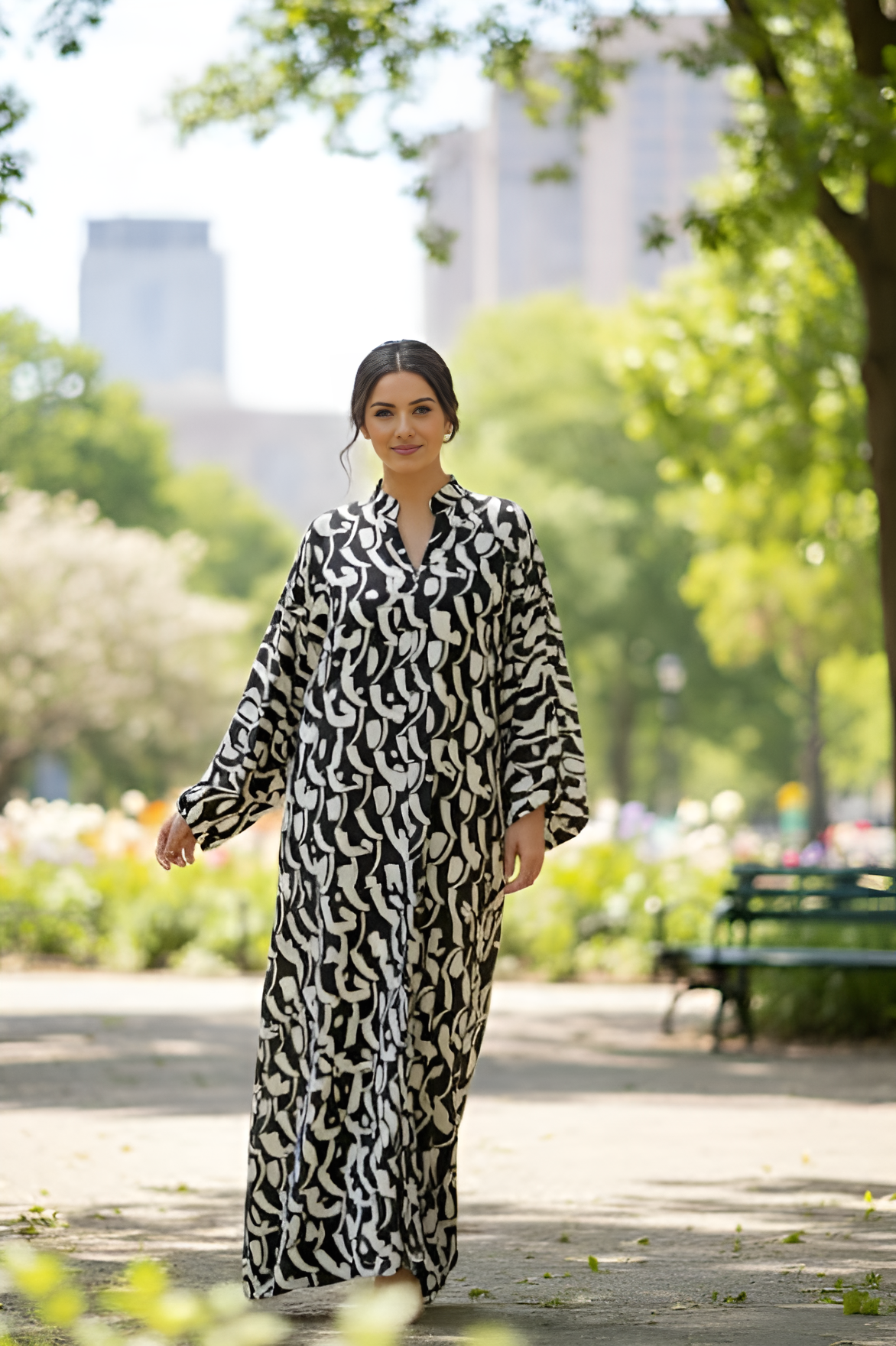 BLACK AND WHITE FLORAL ABAYA