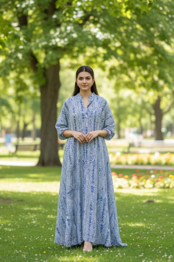 Serene Blue and White Printed Abaya