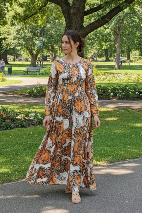 Rust Orange and Black Abstract Print Abaya on Cream Base