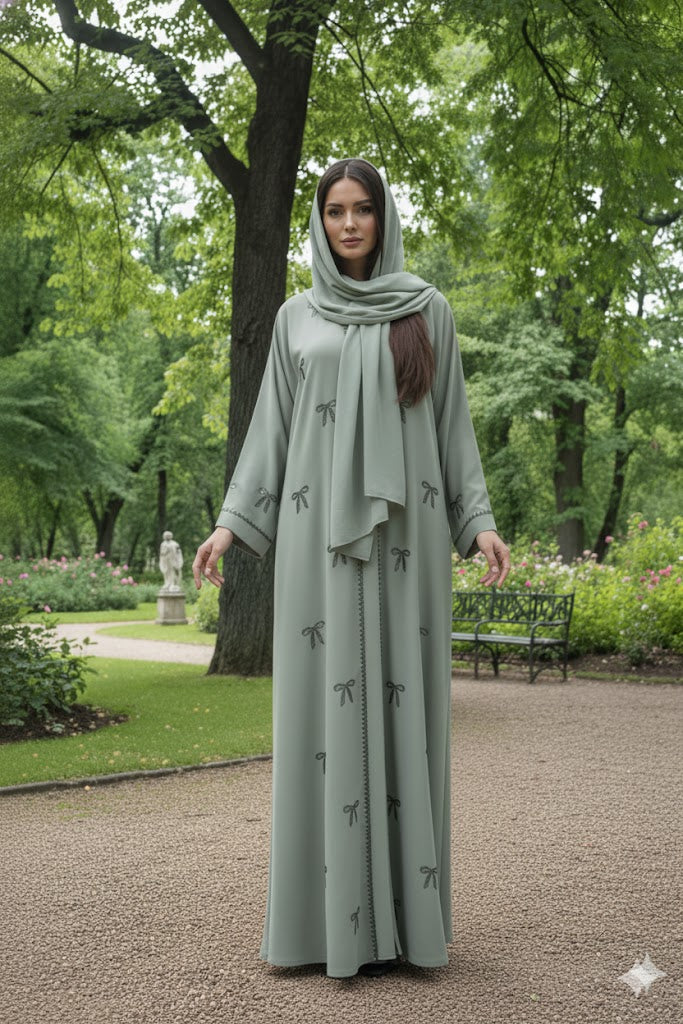 Silver Bow-Embroidered Tassel Abaya