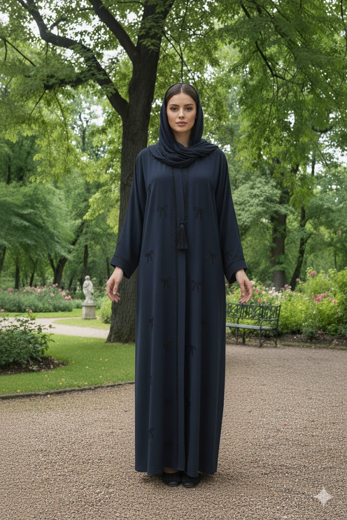 Midnight Navy Front-Embroidered bow Abaya