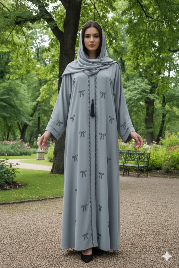 Soft Dove Grey Bow-Embroidered Tassel Abaya
